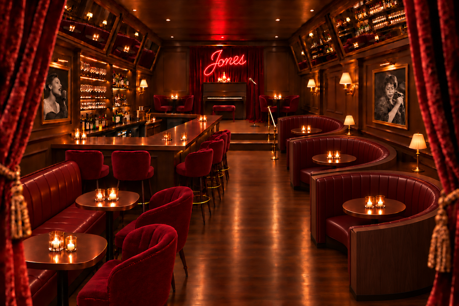An intimate Jones cocktail bar with burgundy booths, candlelit tables, a wood piano and red neon sign